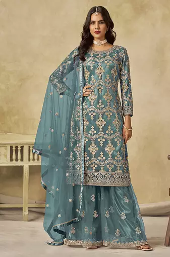 Turquoise embroidered sequins work net palazzo salwar kameez