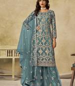 Turquoise embroidered sequins work net palazzo salwar kameez