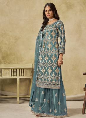 Turquoise embroidered sequins work net palazzo kameez 2