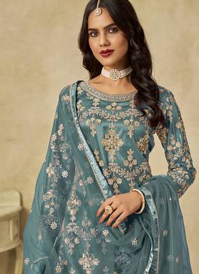 Turquoise embroidered sequins work net palazzo kameez 3