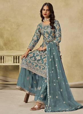 Turquoise embroidered sequins work net palazzo kameez 4