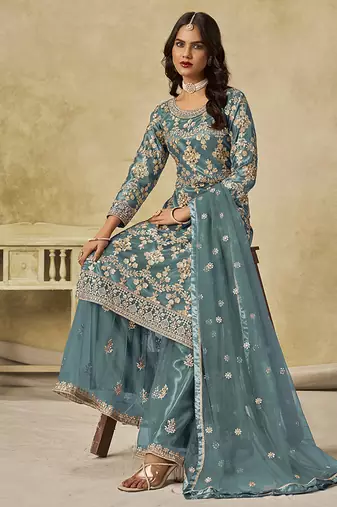 Turquoise embroidered sequins work net palazzo kameez