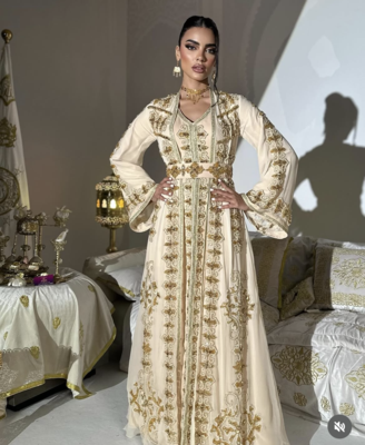  Cream Gold Moroccan Stitched Kaftan with Handcrafted Embroidery & Flared Sleeves 1