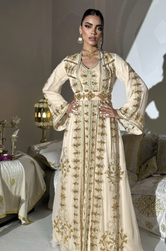  Cream Gold Moroccan Stitched Kaftan with Handcrafted Embroidery & Flared Sleeves