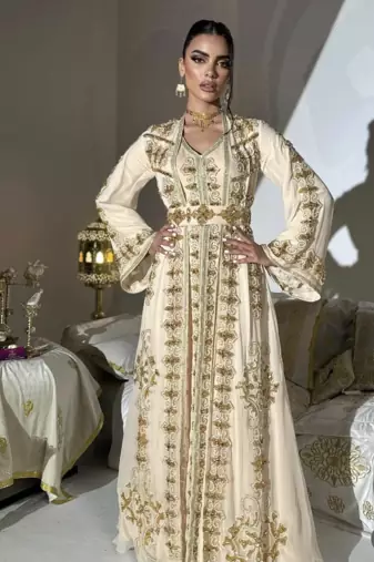  Cream Gold Moroccan Stitched Kaftan with Handcrafted Embroidery & Flared Sleeves