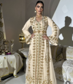  Cream Gold Moroccan Stitched Kaftan with Handcrafted Embroidery & Flared Sleeves