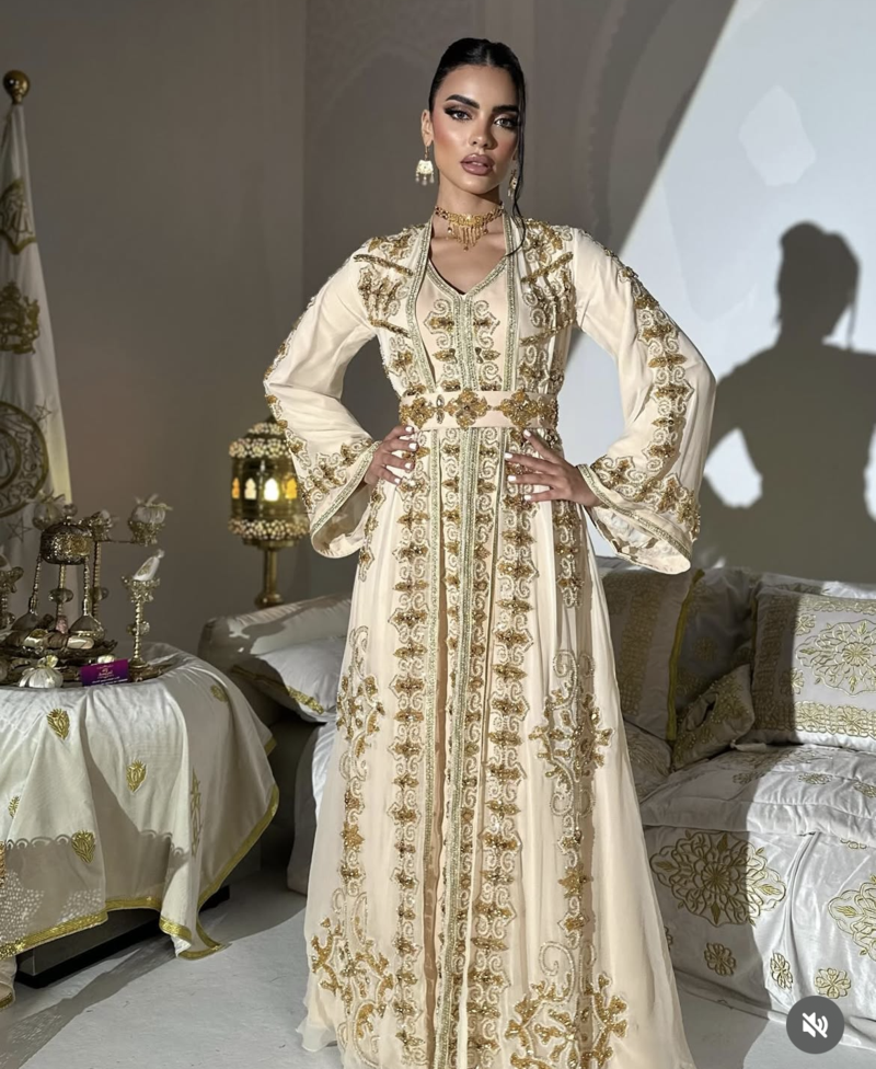  Cream Gold Moroccan Stitched Kaftan with Handcrafted Embroidery & Flared Sleeves