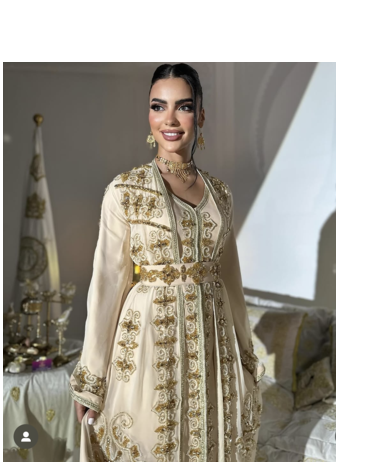  Cream Gold Moroccan Stitched Kaftan with Handcrafted Embroidery & Flared Sleeves 2
