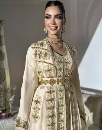  Cream Gold Moroccan Stitched Kaftan with Handcrafted Embroidery & Flared Sleeves