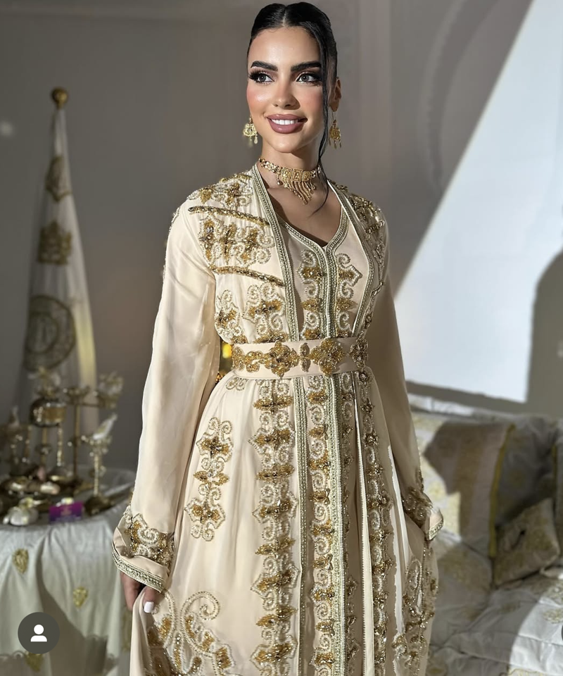  Cream Gold Moroccan Stitched Kaftan with Handcrafted Embroidery & Flared Sleeves
