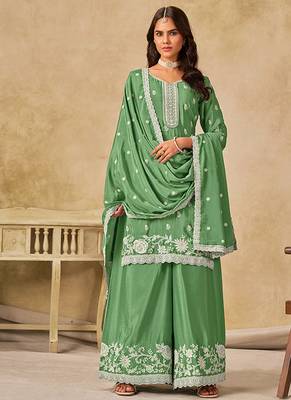 Embroidered green chinon silk blend palazzo suit 1