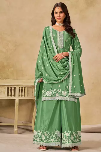 Embroidered green chinon silk palazzo salwar suit
