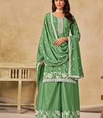 Embroidered green chinon silk palazzo salwar suit