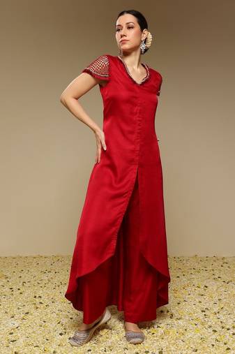 Maroon plain silk kurta set
