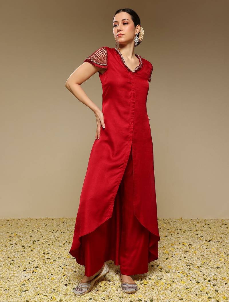 Maroon plain silk kurta set