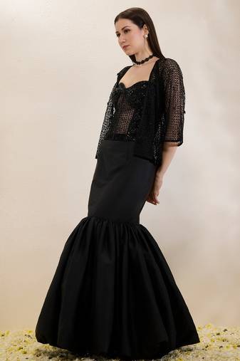 Black plain organza gown with jacket