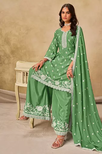 Embroidered green chinon silk blend palazzo suit