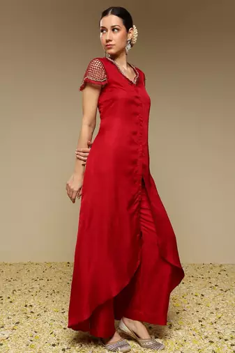 Maroon plain silk kurta set