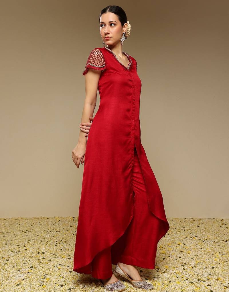 Maroon plain silk kurta set