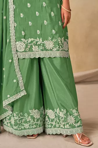 Embroidered green chinon silk blend palazzo suit