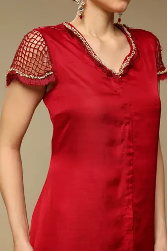 Maroon plain silk kurta set
