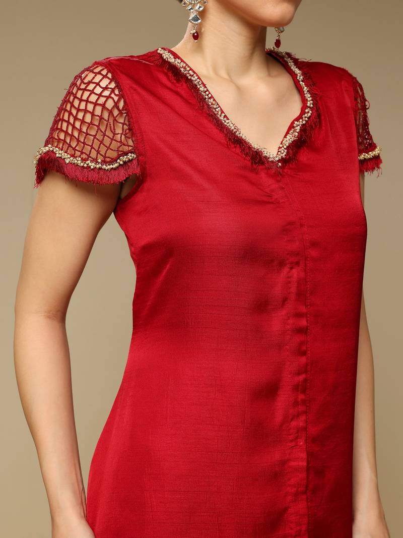 Maroon plain silk kurta set