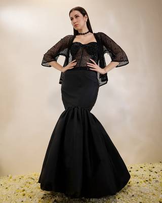 Black plain organza gown with jacket 1