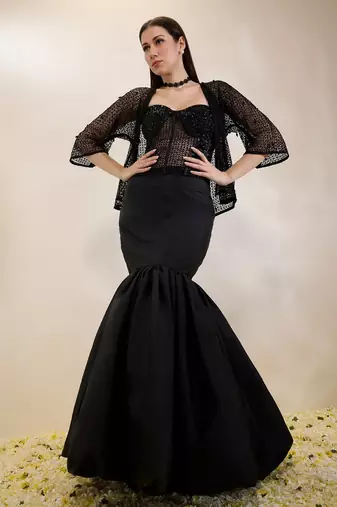 Black plain organza gown with jacket