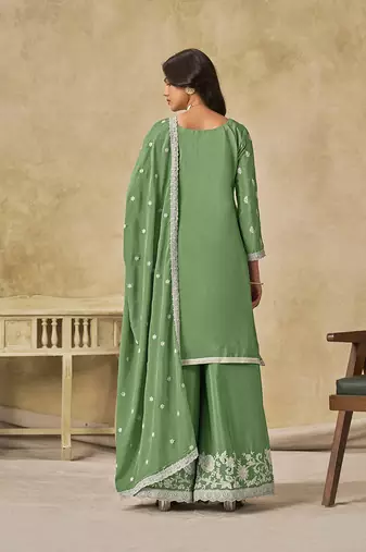 Embroidered green chinon silk blend palazzo suit