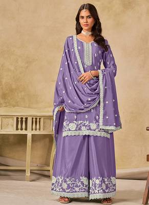 Embroidered lavender chinon silk blend palazzo suit 1