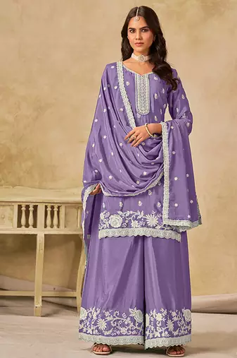 Embroidered lavender chinon silk palazzo salwar suit