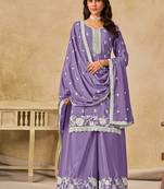 Embroidered lavender chinon silk palazzo salwar suit