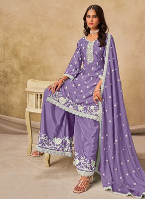 Embroidered lavender chinon silk blend palazzo suit 2