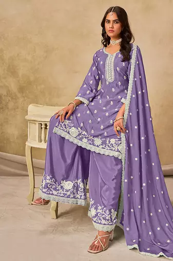 Embroidered lavender chinon silk blend palazzo suit