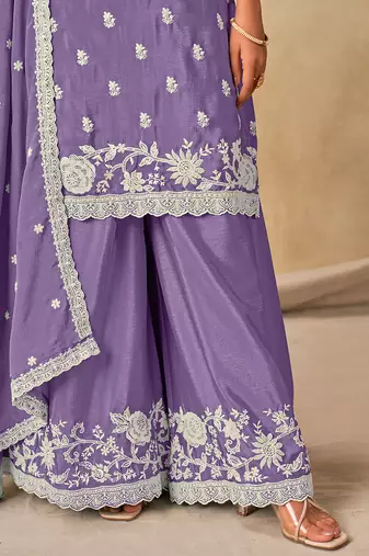 Embroidered lavender chinon silk blend palazzo suit