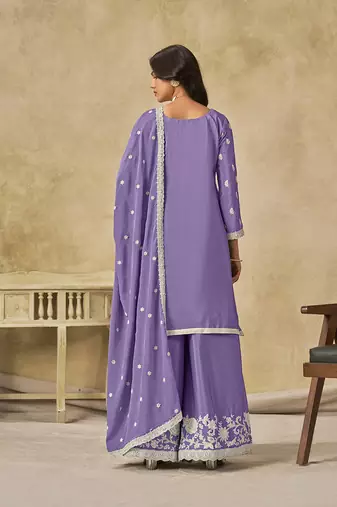 Embroidered lavender chinon silk blend palazzo suit