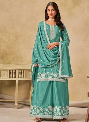Embroidered turquoise chinon silk blend palazzo suit 1