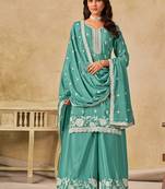 Embroidered turquoise chinon silk palazzo salwar suit