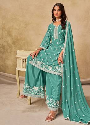 Embroidered turquoise chinon silk blend palazzo suit 2