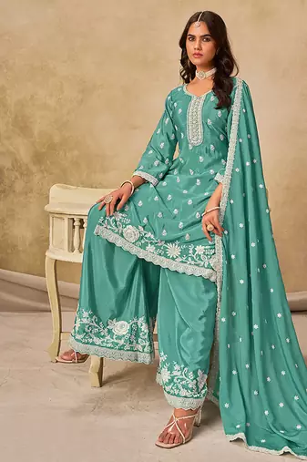 Embroidered turquoise chinon silk blend palazzo suit