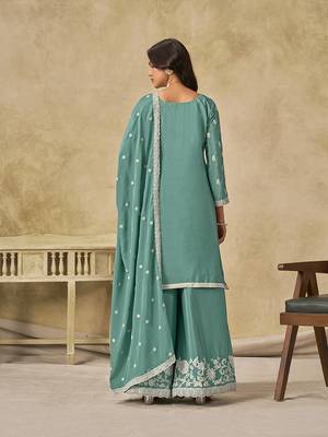 Embroidered turquoise chinon silk blend palazzo suit 4