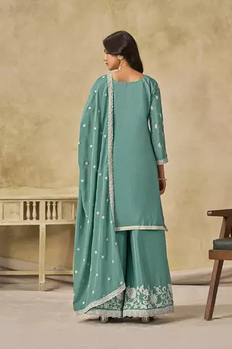 Embroidered turquoise chinon silk blend palazzo suit
