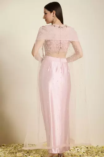 Rose Pink embroidered satin cape set