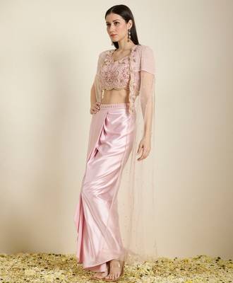 Rose Pink embroidered satin cape set 3
