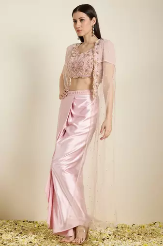 Rose Pink embroidered satin cape set