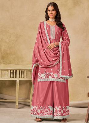 Embroidered pink chinon silk blend palazzo suit 1
