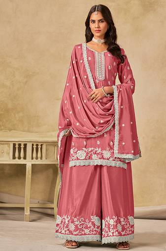 Embroidered pink chinon silk palazzo salwar suit