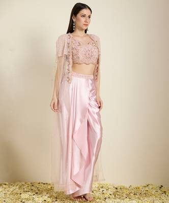 Rose Pink embroidered satin cape set 4