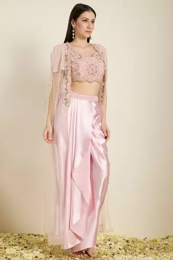 Rose Pink embroidered satin cape set