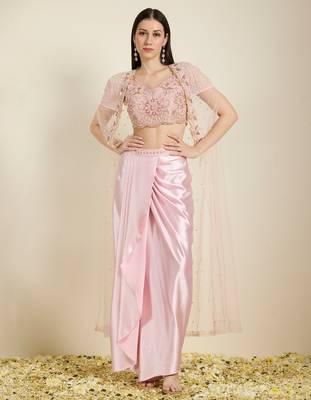 Rose Pink embroidered satin cape set 1